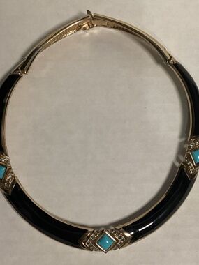 VINTAGE Panetta Gold Tone Collar Necklace w/ Black Enamel, Rhinestone, Turquoise